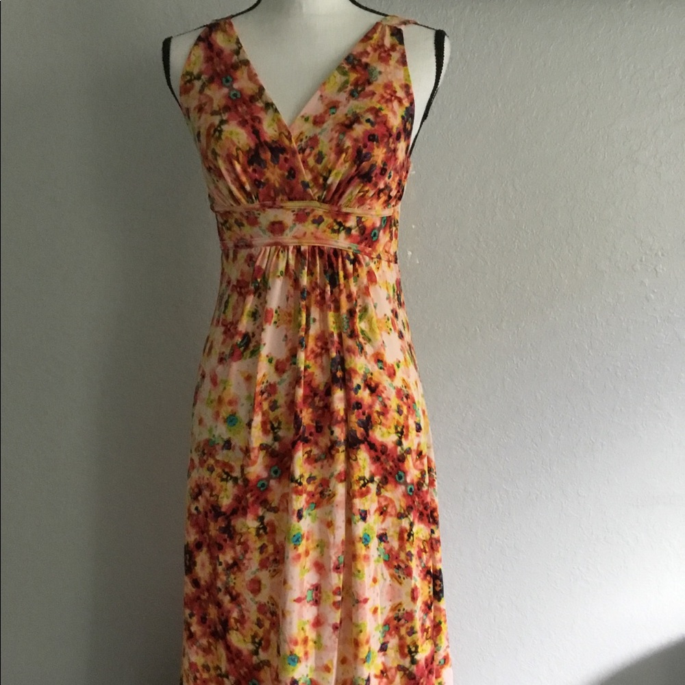 Yellow, red floral V neck Maxi Dress size M